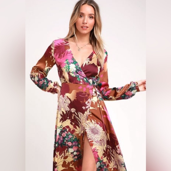 Lulus Dresses & Skirts - Lulus NWT Put on a Smile Burgundy Floral Print Satin Wrap Maxi Dress size S